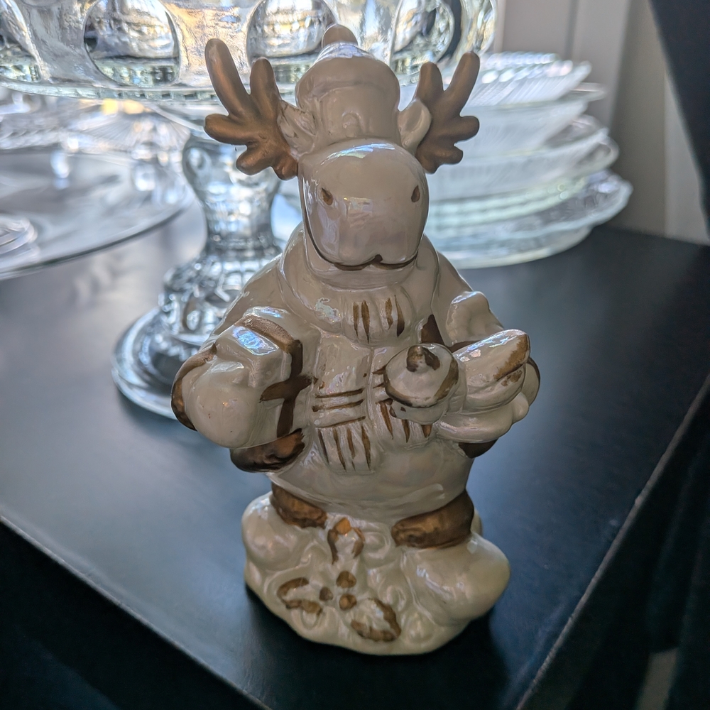 V Ceramic Vintage Whimsical Moose Figurine - Cream and Brown